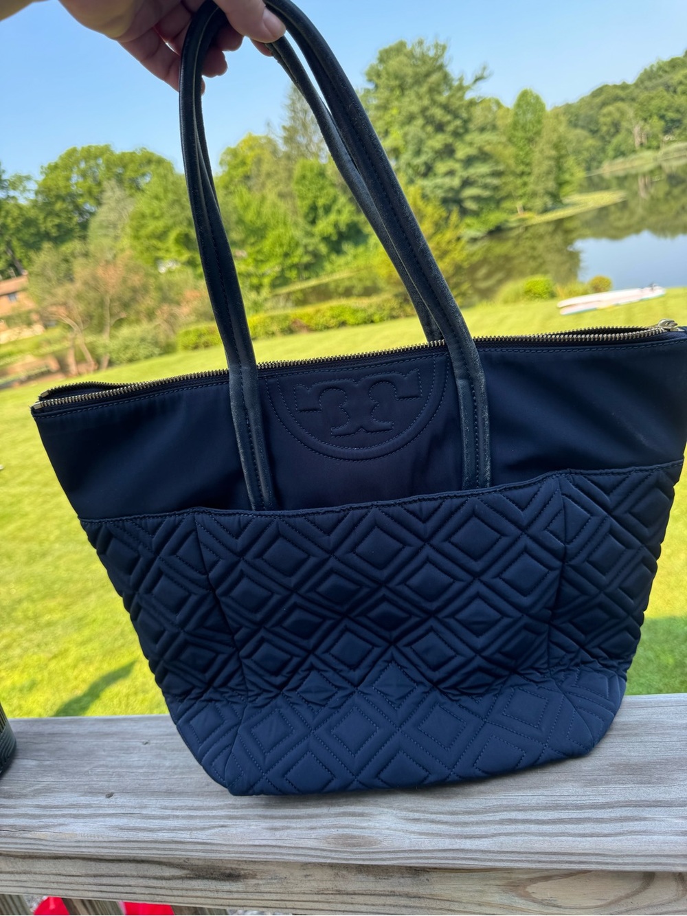 Tory Burch Quilted Navy Diamond-Pattern Tote